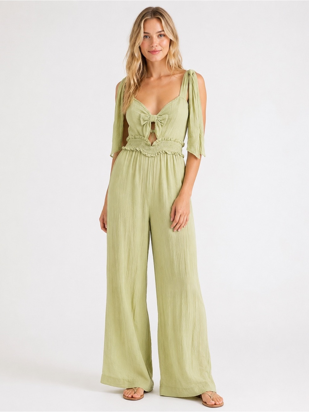 Mable Sage Green Cotton Tie Strap Wide Leg Jumpsuit Size Small 25670